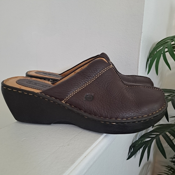 Born Shoes - Born Brown Pebble Leather Slip On Wedge Heel Clog Mule Comfort Shoes Women's 10M